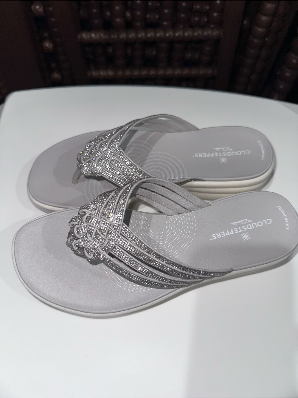 Clarks Cloudsteppers Drift Gem Silver Braided Slip-On Sandals